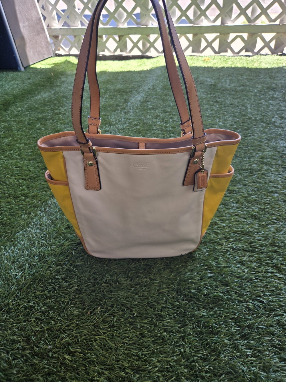 Coach Cream and Yellow Two-Tone Tote with Tan Trim(2012)